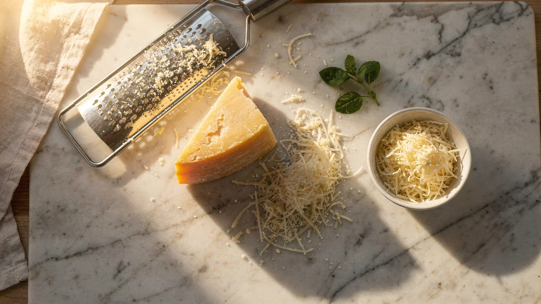 A chunk of cheese with a grater and bowl of shredded cheese on marble