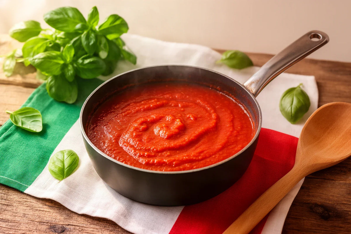 A saucepan simmering with marinara sauce, a rustic wooden kitchen table with an Italian flag