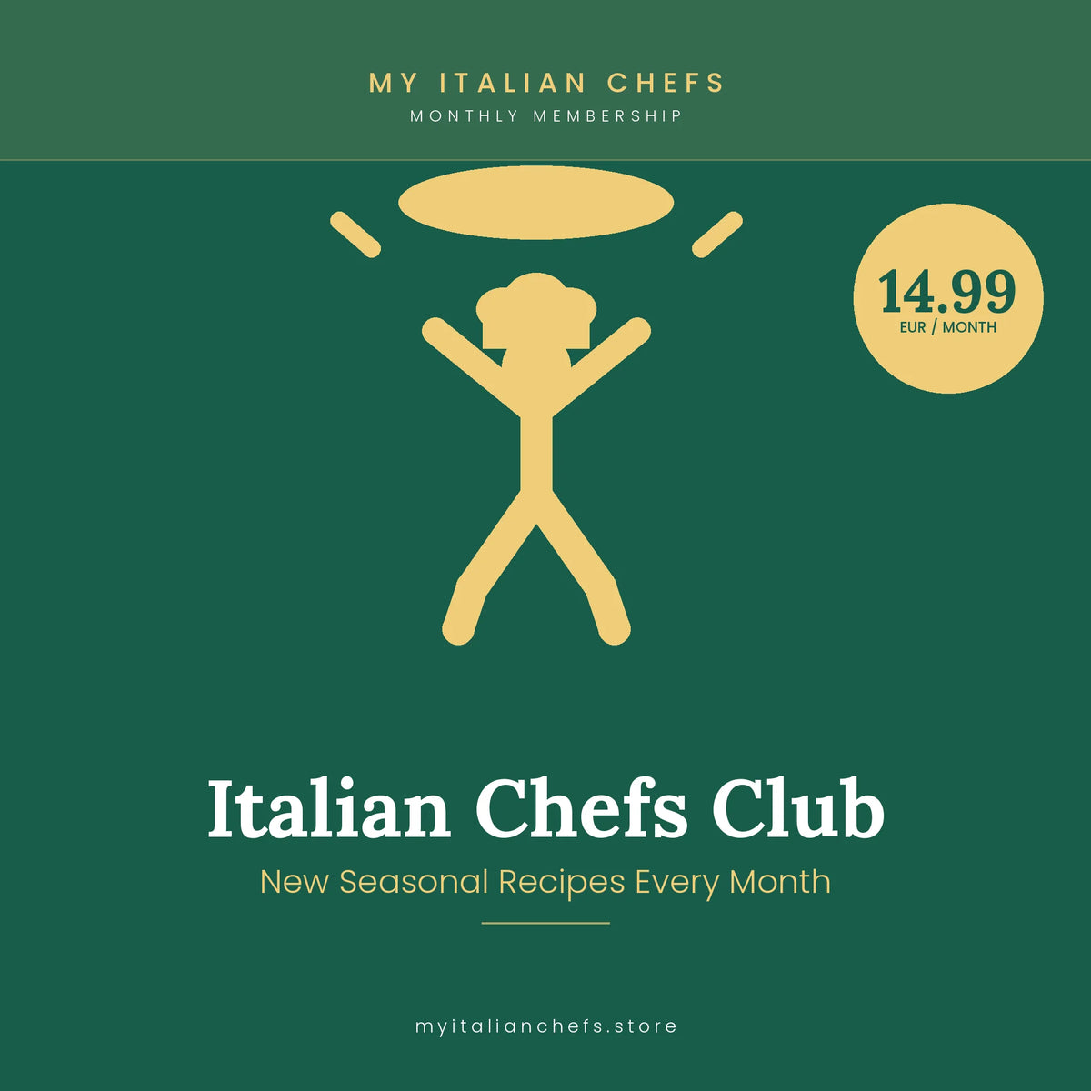 Green promotional graphic for the Italian Chefs Club monthly membership featuring a chef figure and subscription details.