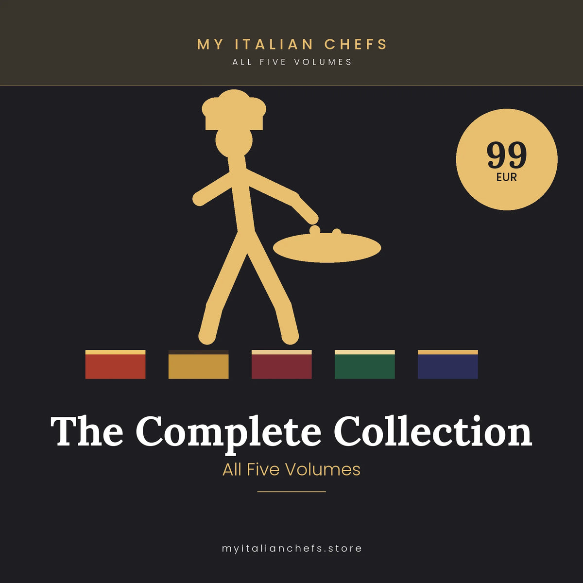 Five Italian cooking ebooks in a digital bundle with a rustic kitchen background by My Italian Chefs.