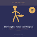 A digital ebook cover featuring a chef's kitchen with ingredients and cooking tools, titled The Complete Italian Chef Program