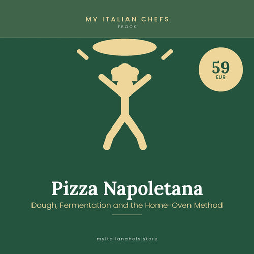 A digital ebook cover showing a golden pizza dough in a wooden baking tray with flour dusting, titled Pizza Napoletana by My 