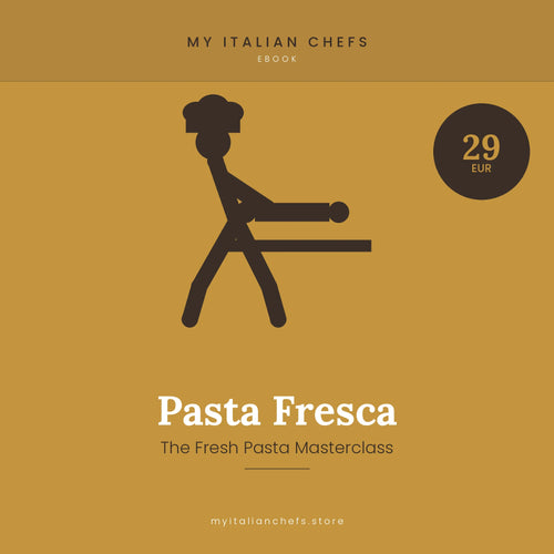 Pasta Fresca ebook cover featuring a chef figure on a golden background, by My Italian Chefs.